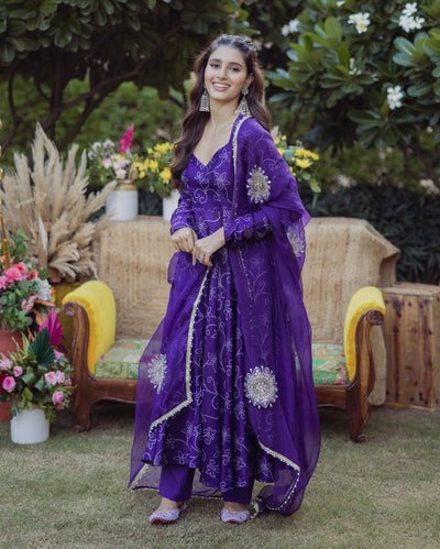 Anuraag Purple Bandhani Muslin Suit Set