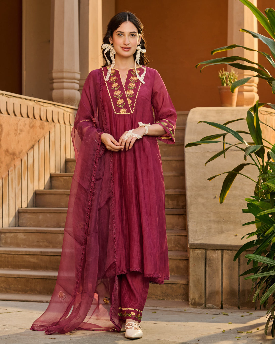 Jugal Wine Embroidered Chanderi Suit Set