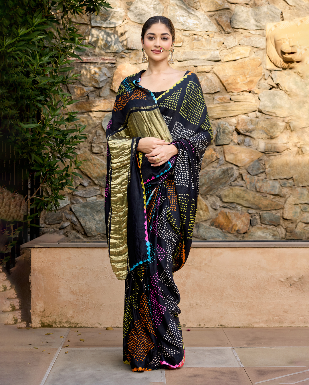Kajal Black Gajji Silk Bandhej Saree