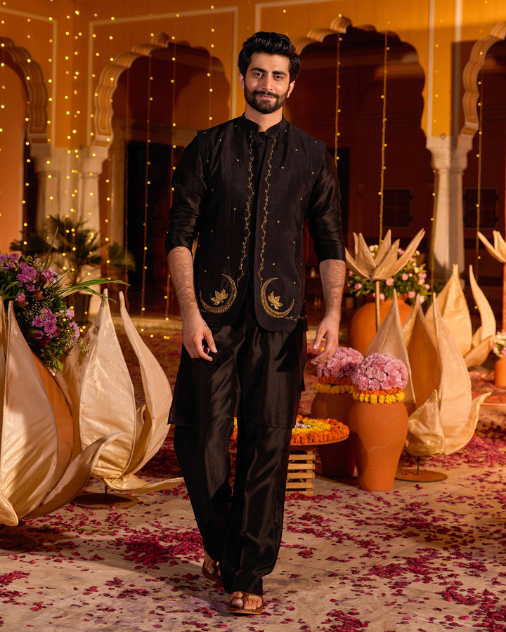 Ratan Black Chanderi Embroidered Jacket And Kurta Set