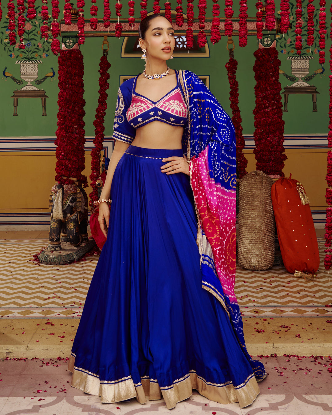 Mora Blue Embroidered Satin Lehenga Set
