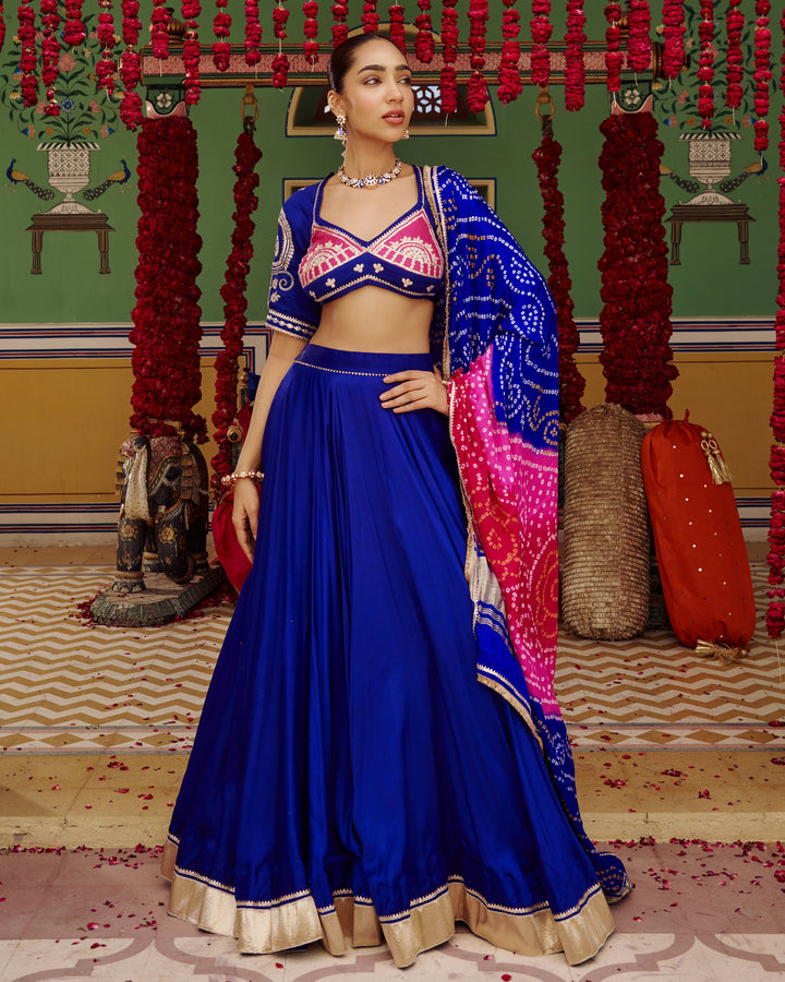 Mora Blue Embroidered Satin Lehenga Set