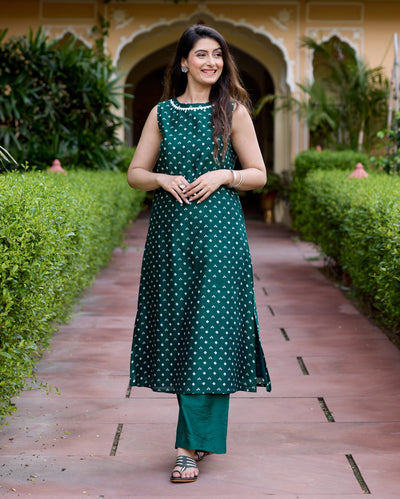 Saj Green Bandhani Chanderi Kurta Set