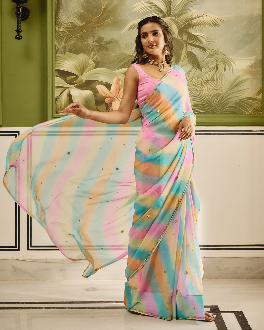 Jeevika Light Multi Color Leheriya Chiffon Saree
