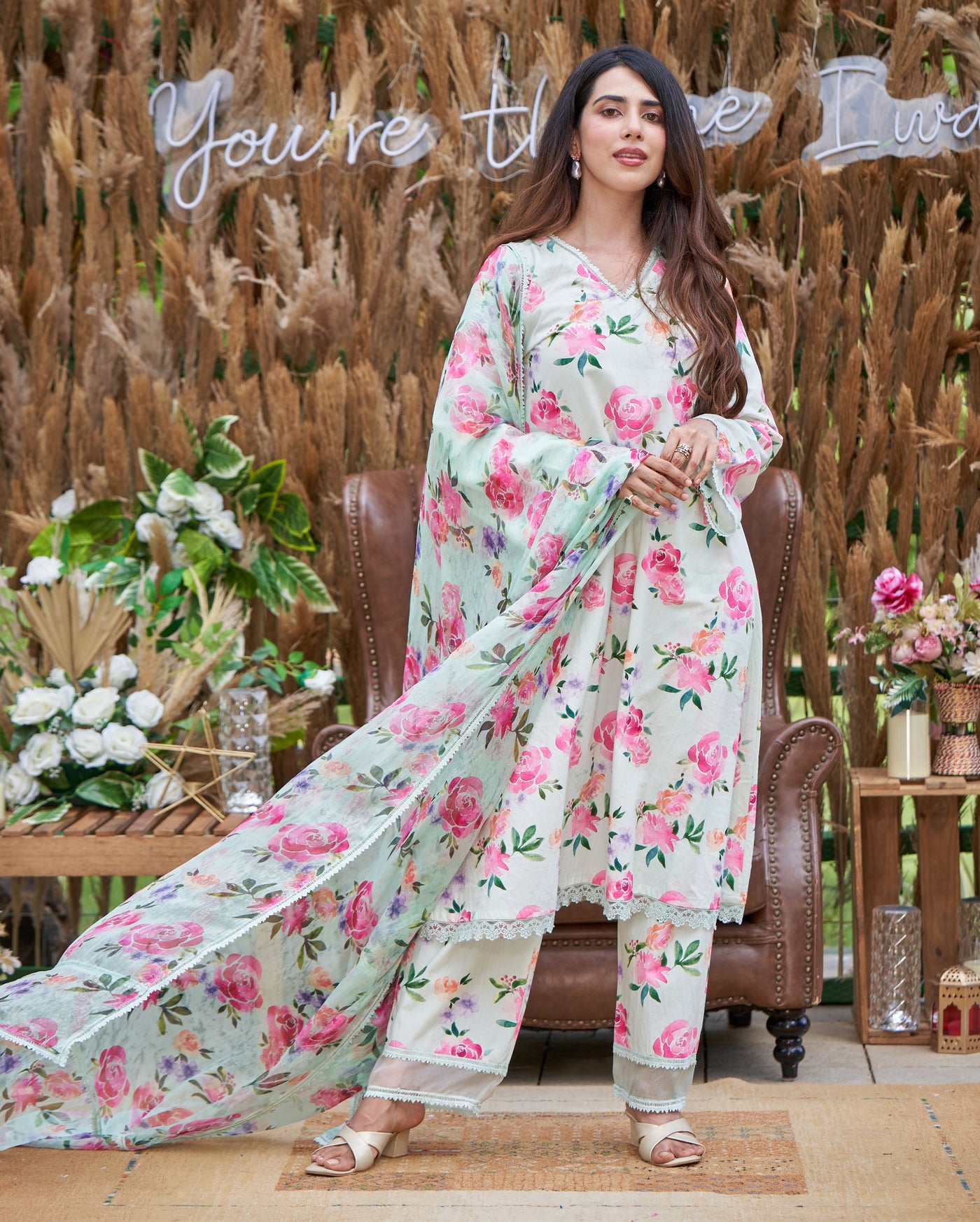 Zinnia Green Printed Cotton Suit Set