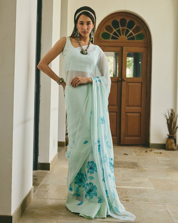 Lily Sea Green Handpainted Chiffon Saree