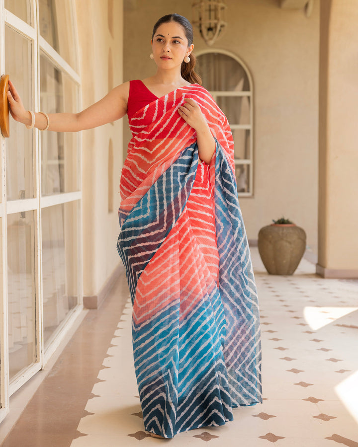 Kiran Red Blue Doria Leheriya Saree