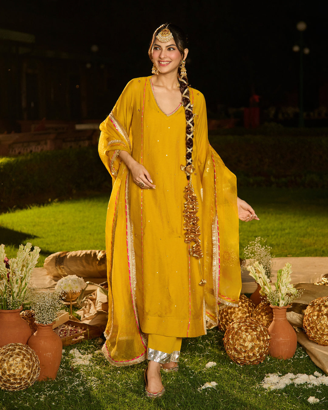 Agnira Mustard Embroidered Chanderi Suit Set