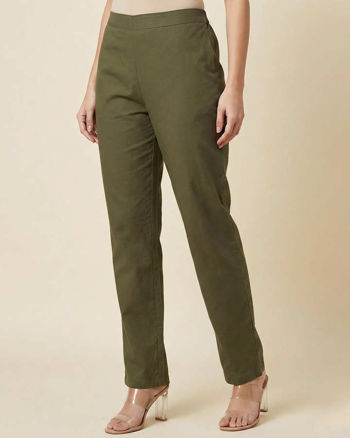 Olivia Olive Green Cotton Straight Pants