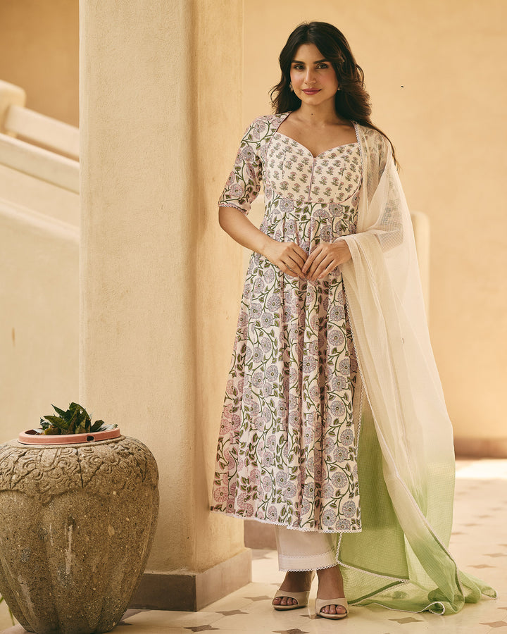 Dasha White Cotton Printed Suit Set