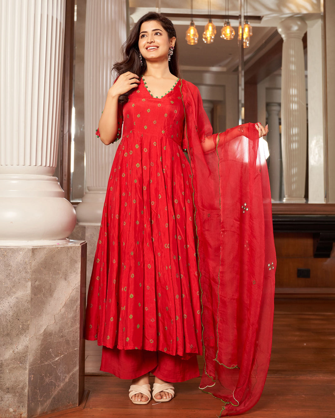 Shop Rasa Red Bandhani Silk Suit Set for Women Online in India at