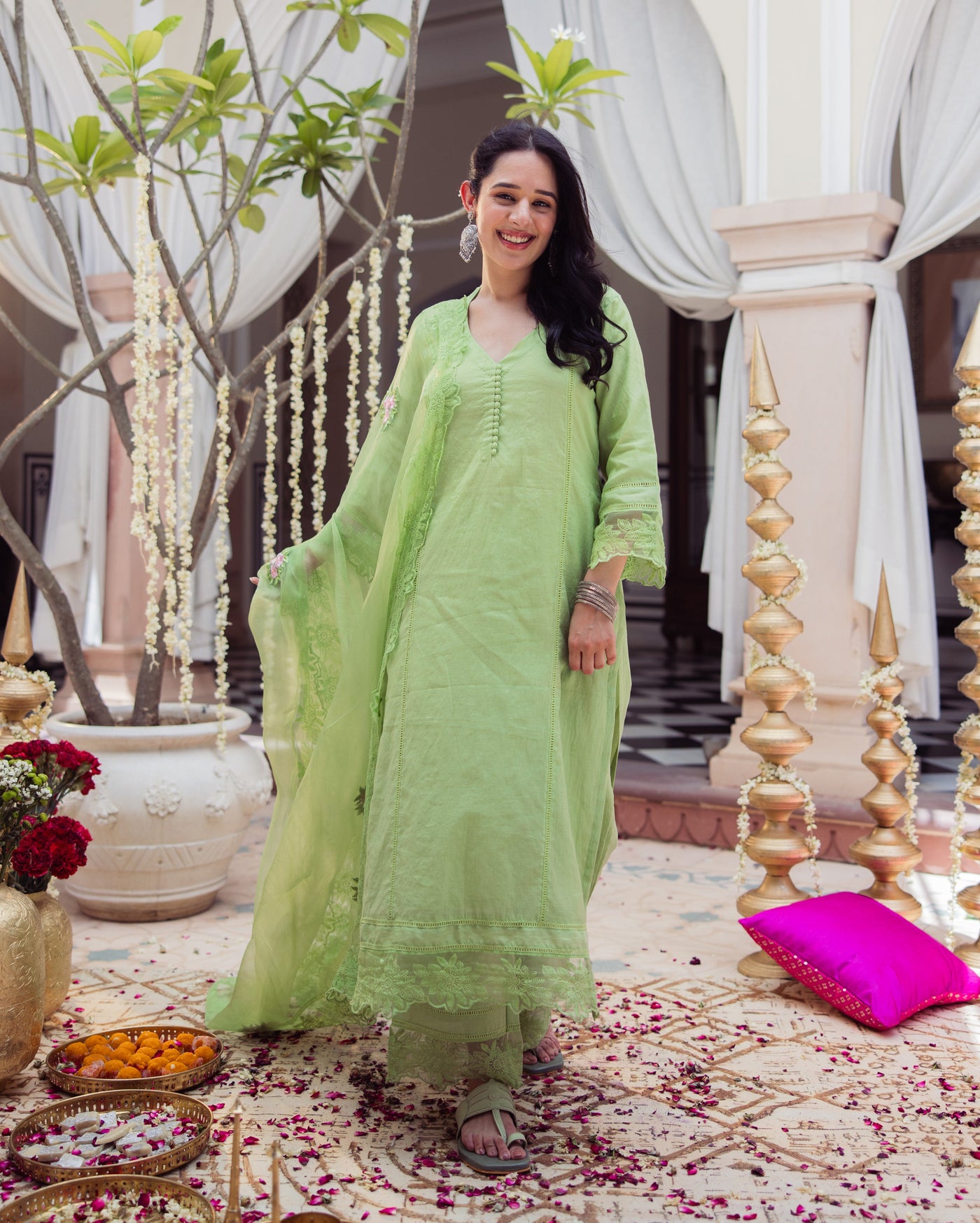Neo Green Embroidered Chanderi Suit Set