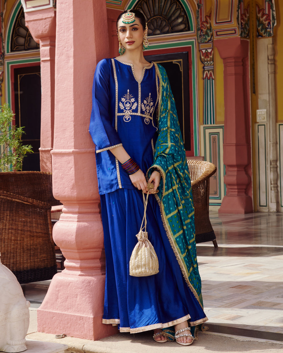 Ishani Blue Embroidered Chanderi Suit Set