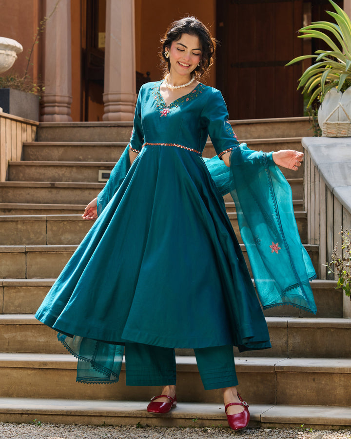 Aavya Green Embroidered Roman Silk Suit Set