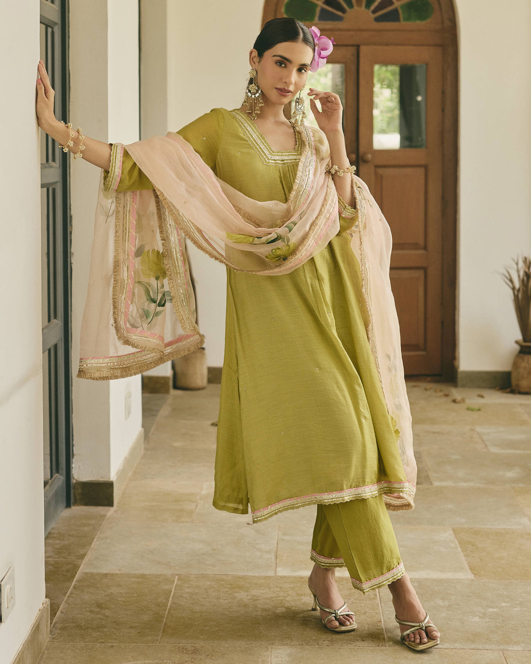 Kalvya Lime Green Handpainted Cotton Checks Suit Set