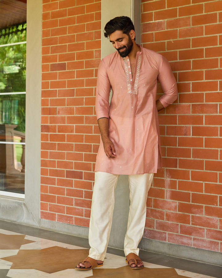 Keshav Peach Embroidered Chanderi Kurta