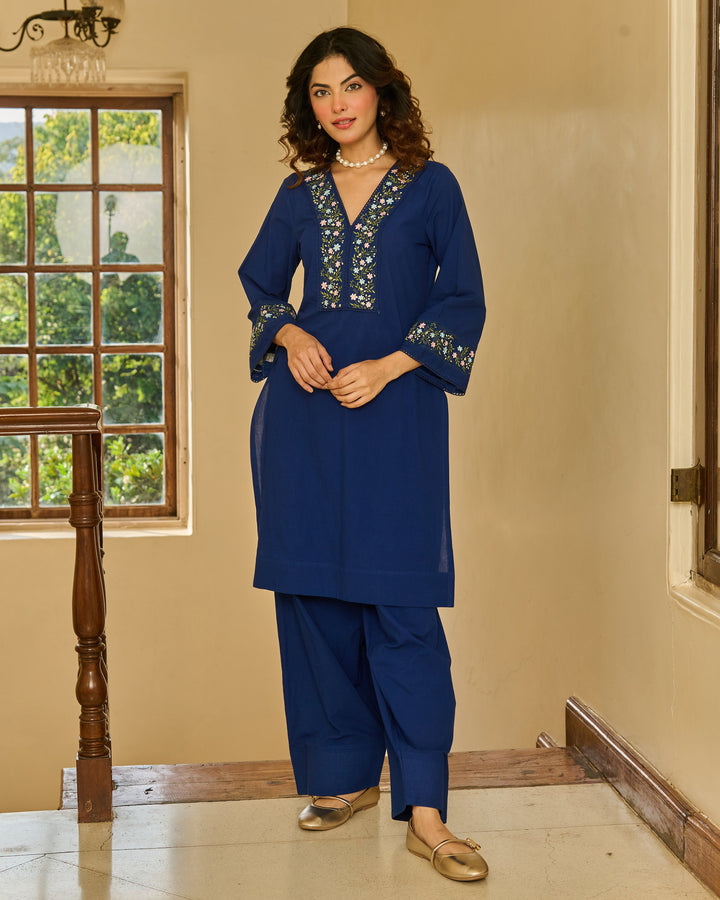 Ease Blue Embroidered Cotton Kurta Set