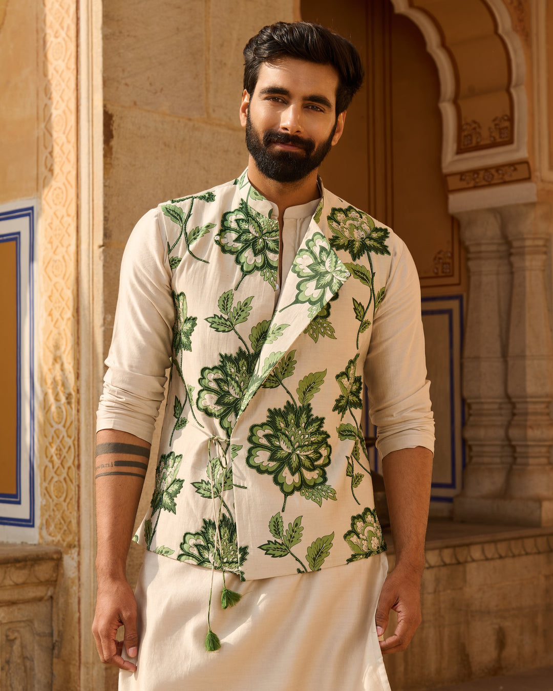 Omkar Grey Printed Chanderi Jacket And Kurta Set