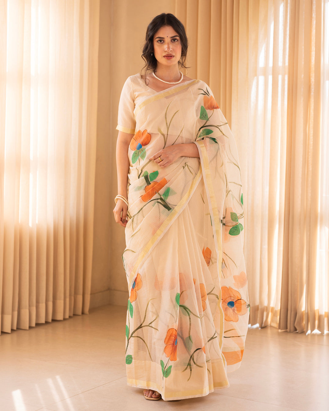 Padmika Beige Doria Handpainted Saree