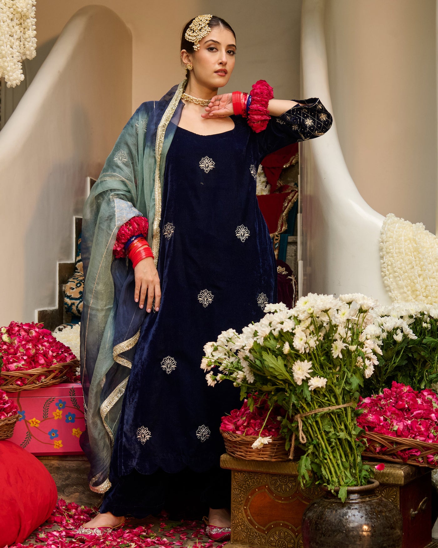 Rayan Blue Embroidered Velvet Suit Set