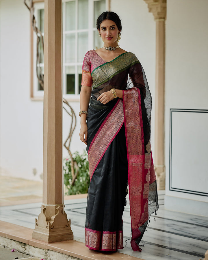 Vaibhav Black Pink Doria Butta Border Saree