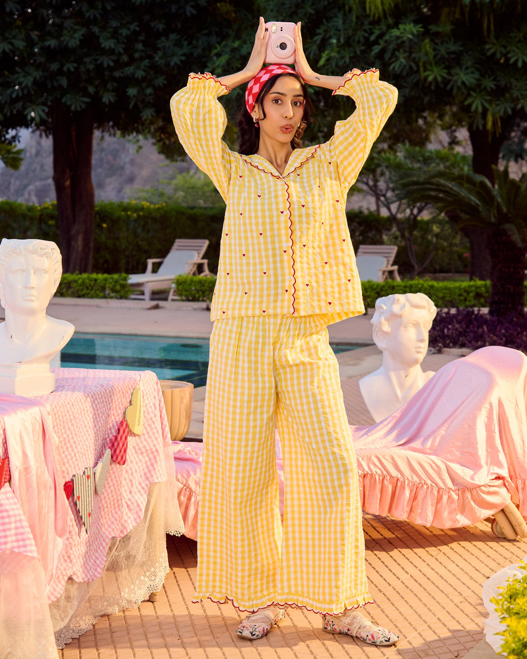 Bianca Yellow Embroidered Cotton Checks Loungewear