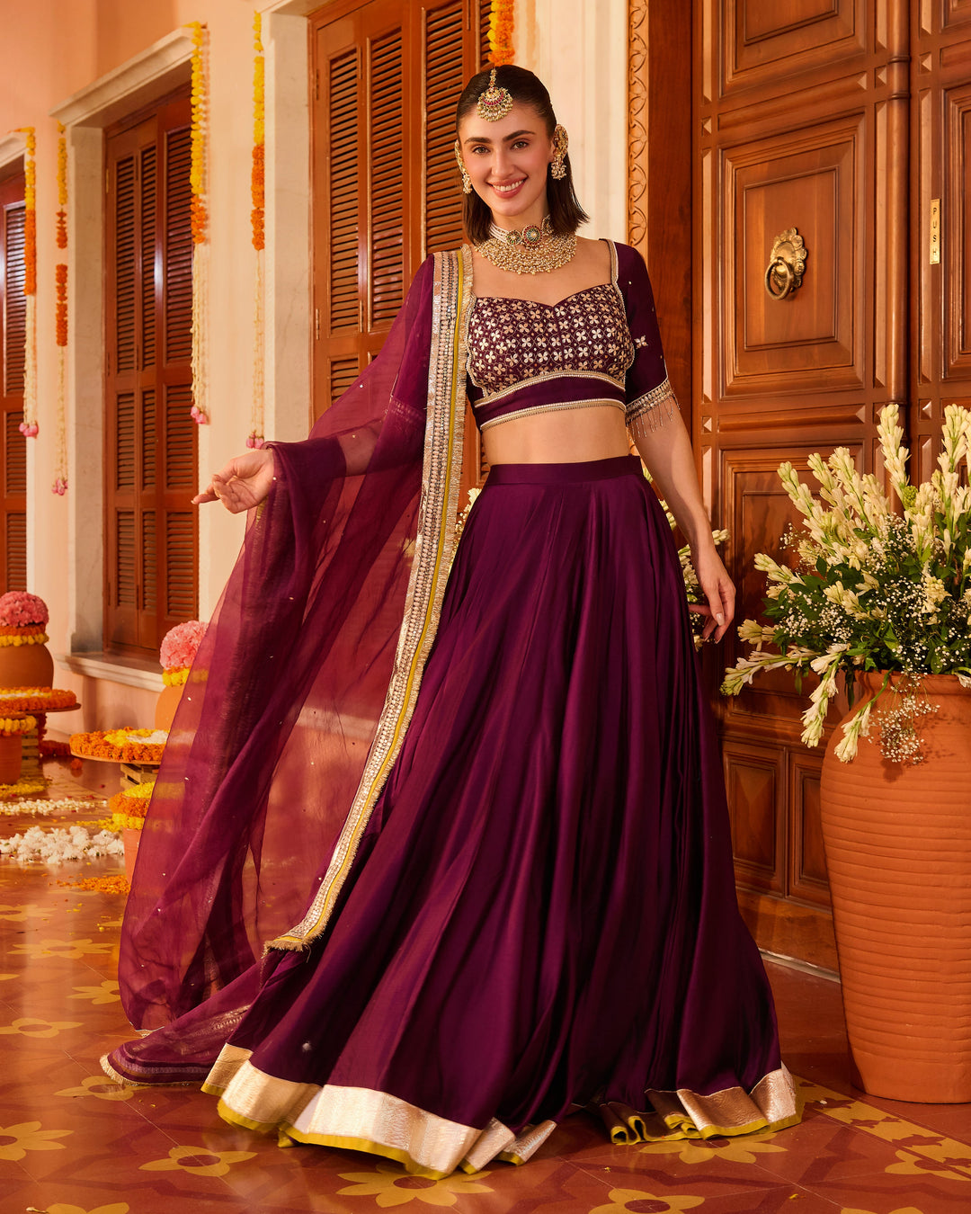 Taarika Purple Embroidered Chanderi Lehenga Set