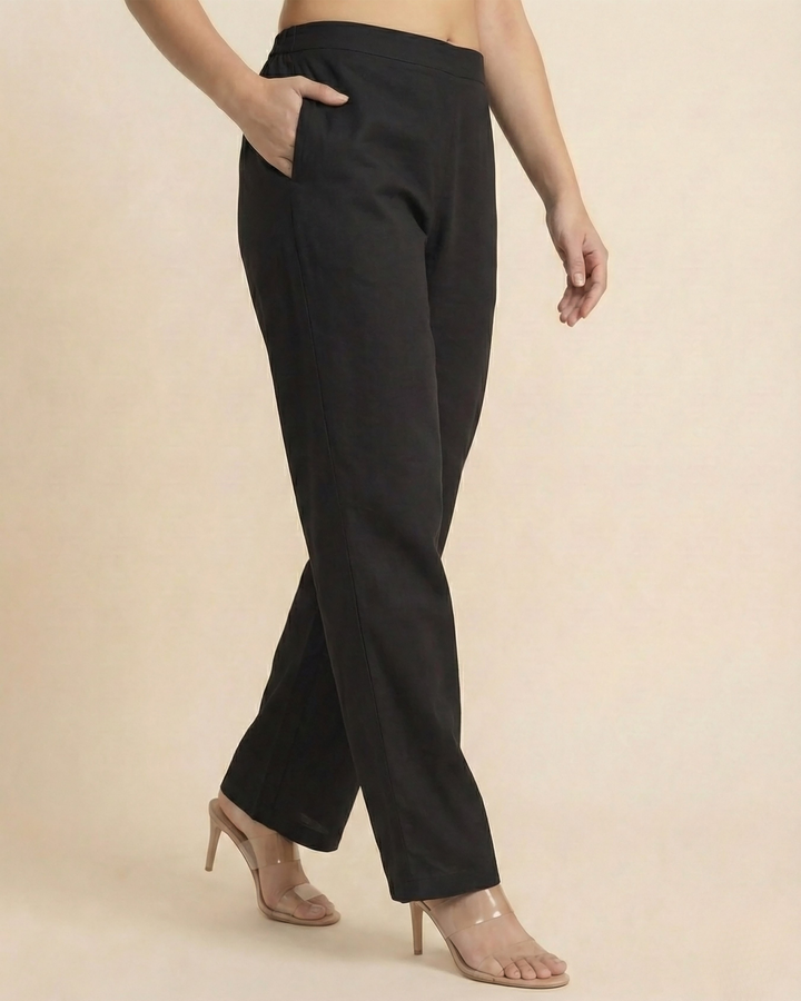 Soni Black Cotton Straight Pants