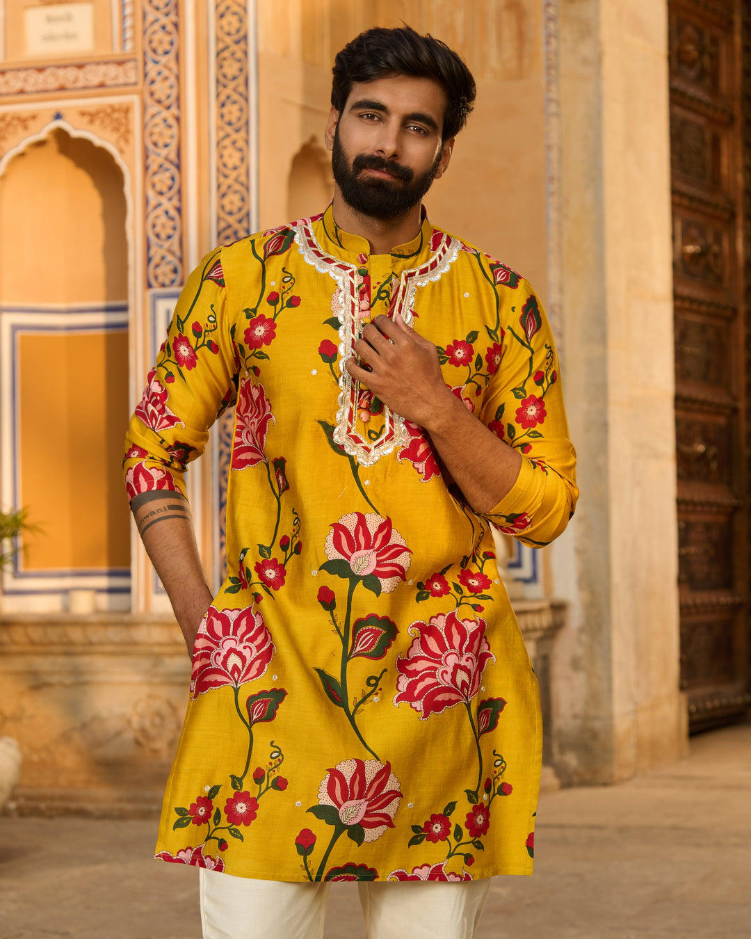 Arjun Mustard Printed Chanderi Kurta