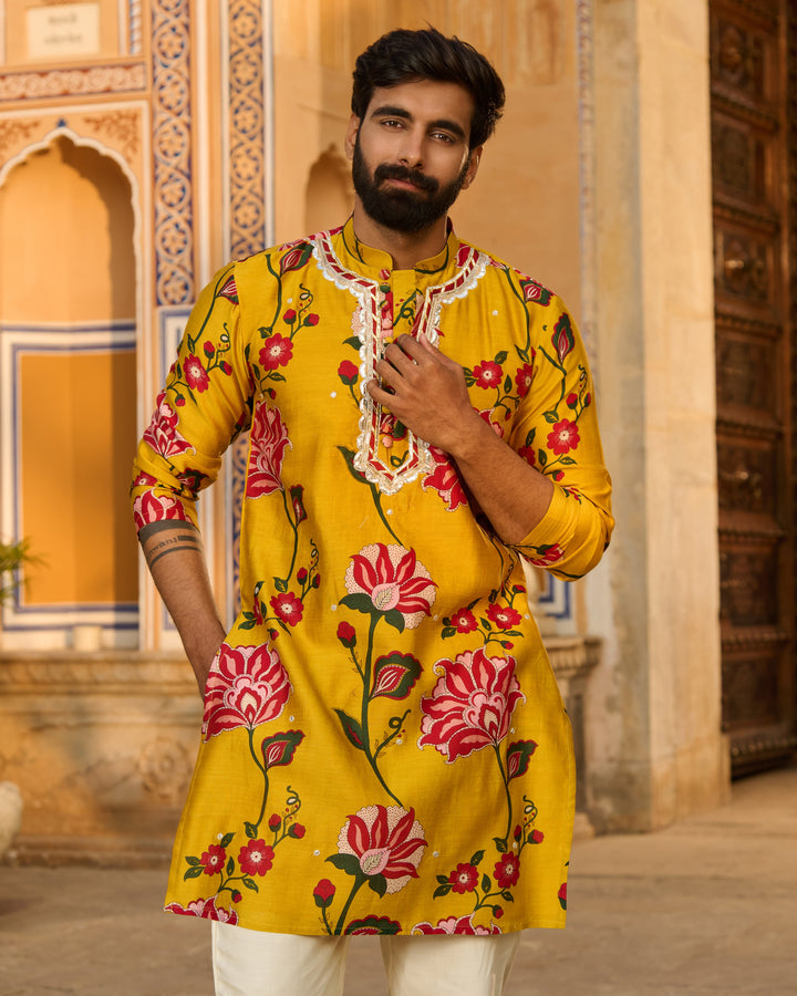 Arjun Mustard Printed Chanderi Kurta