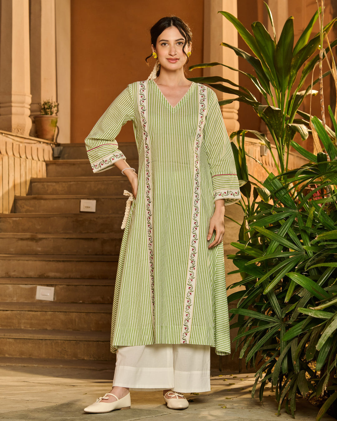 Camille Green Printed Cotton Stripes Kurta Set