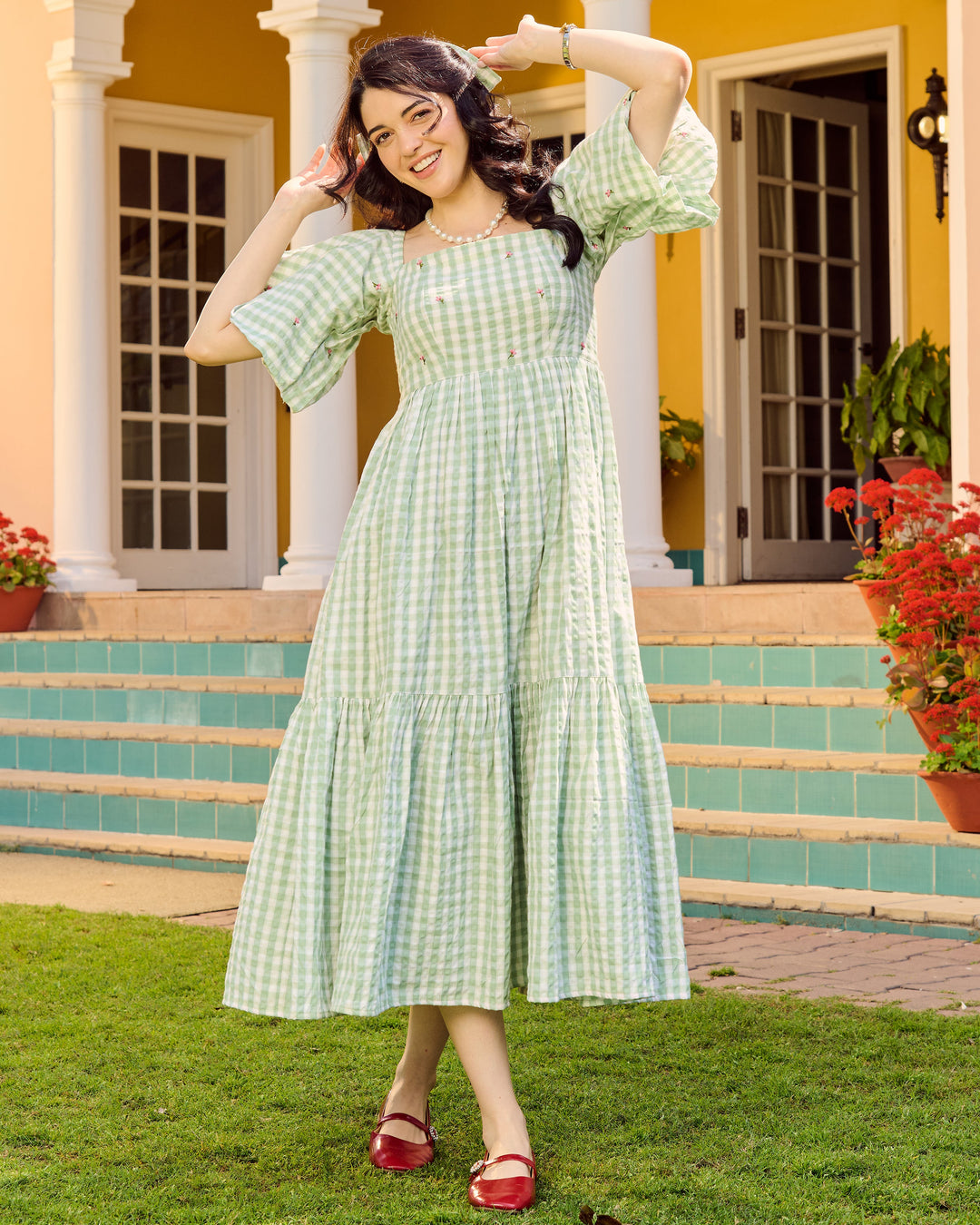 Eilish Green Embroidered Cotton Checks Dress