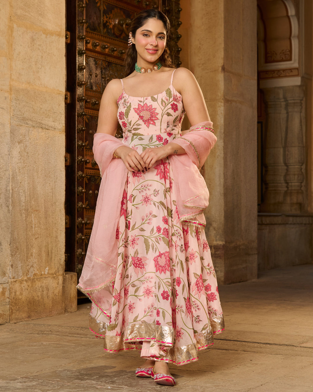 Belle Baby Pink Printed Viscose Organza Suit Set