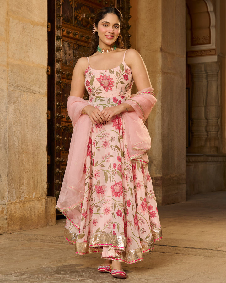Belle Baby Pink Printed Viscose Organza Suit Set
