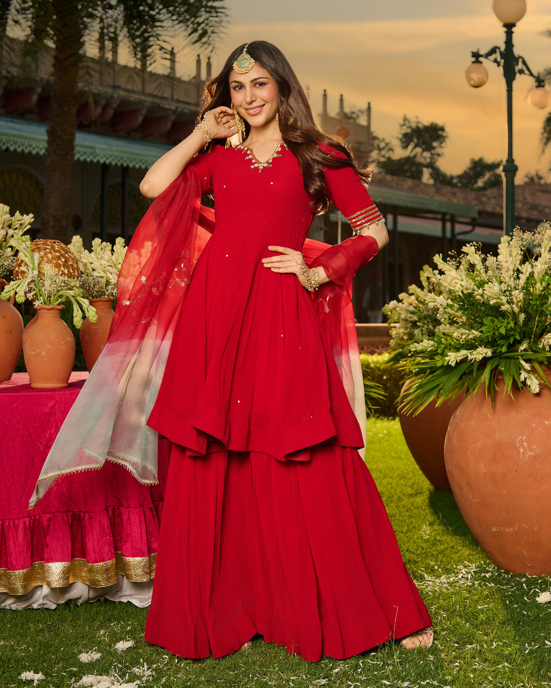 Laxmi Red Embroidered Georgette Suit Set