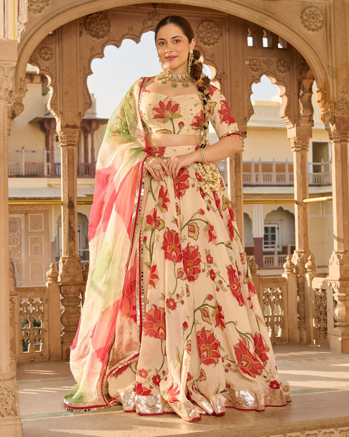 Fiza Cream Printed Viscose Organza Lehenga Set