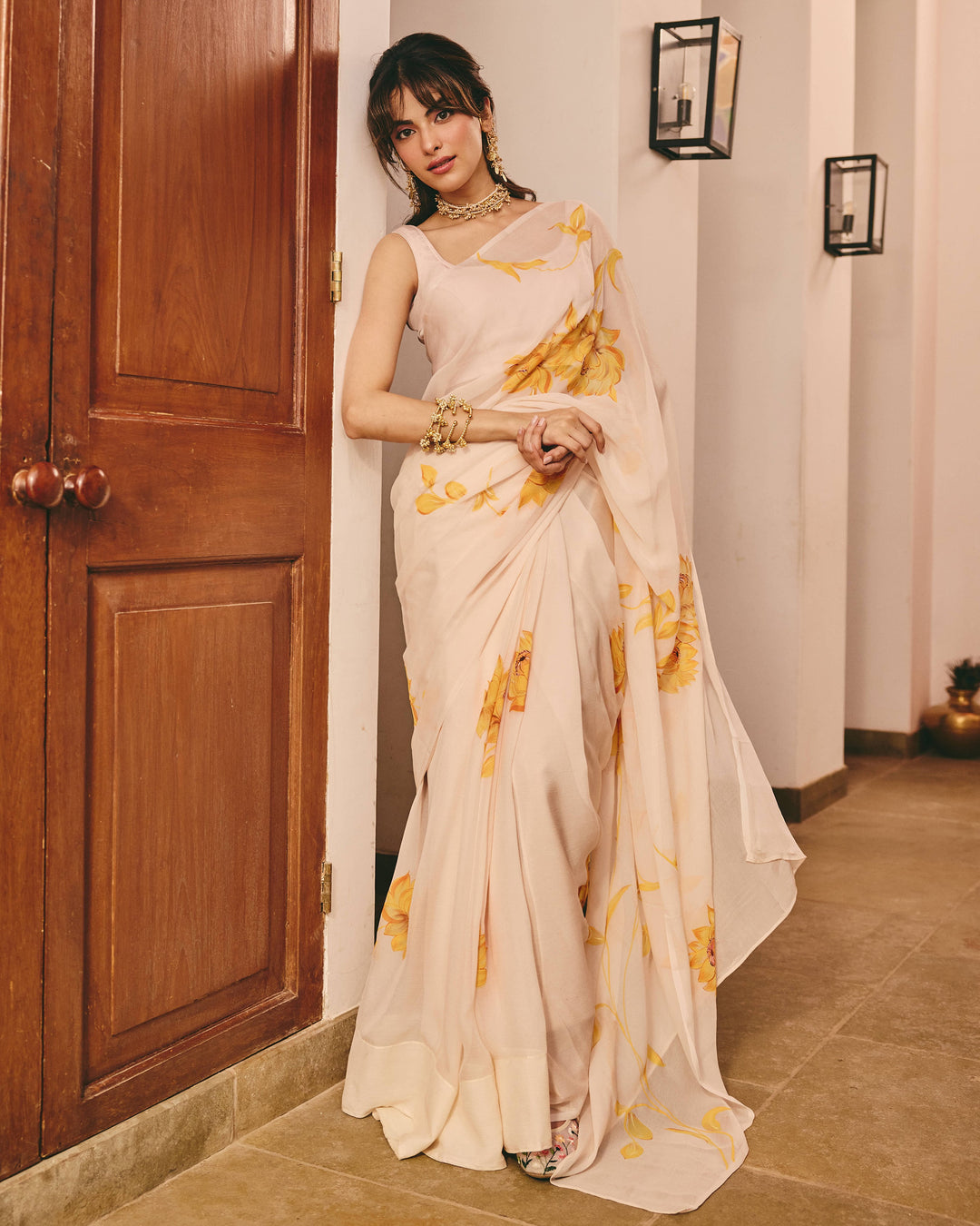 Raagi Cream Handpainted Chiffon Saree