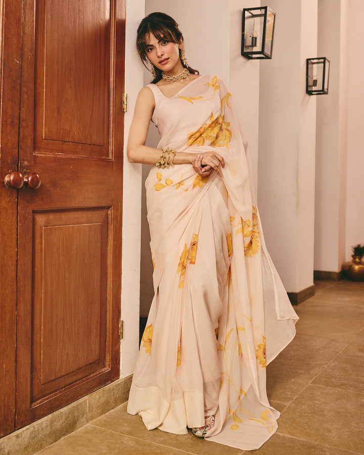 Raagi Cream Handpainted Chiffon Saree