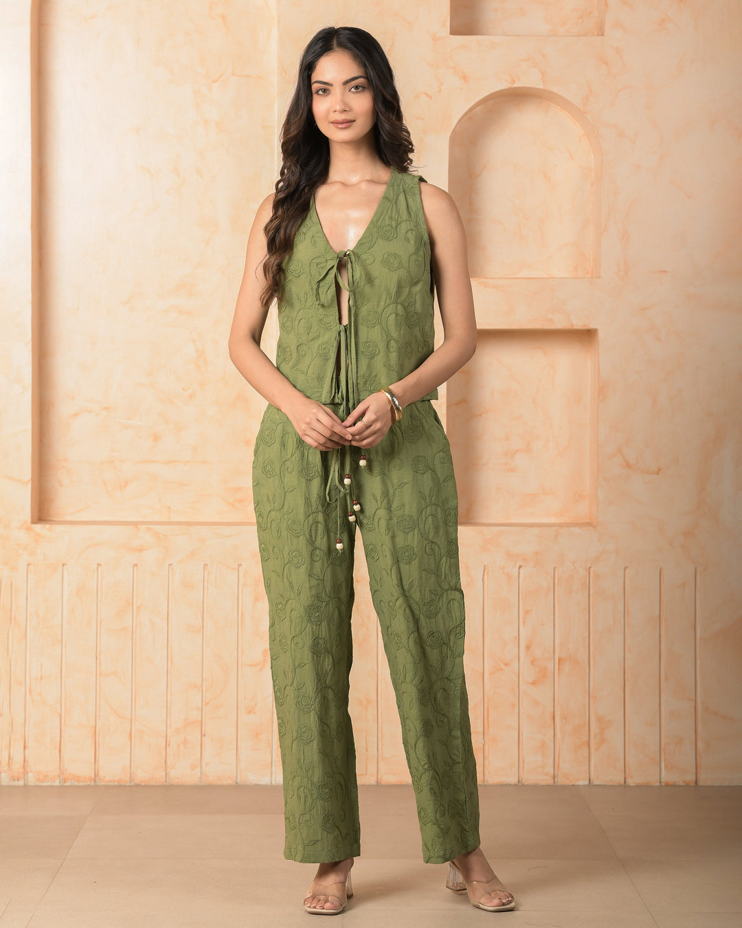 Tourmaline Olive Solid Cotton Schiffli Coord Set
