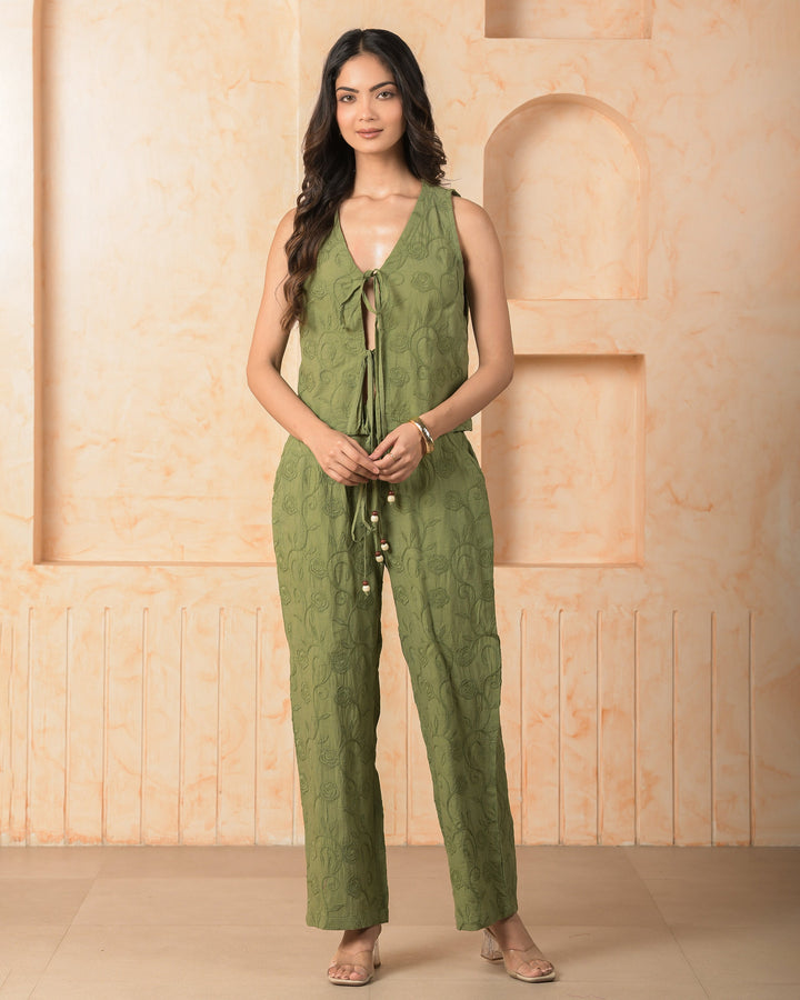 Tourmaline Olive Solid Cotton Schiffli Coord Set