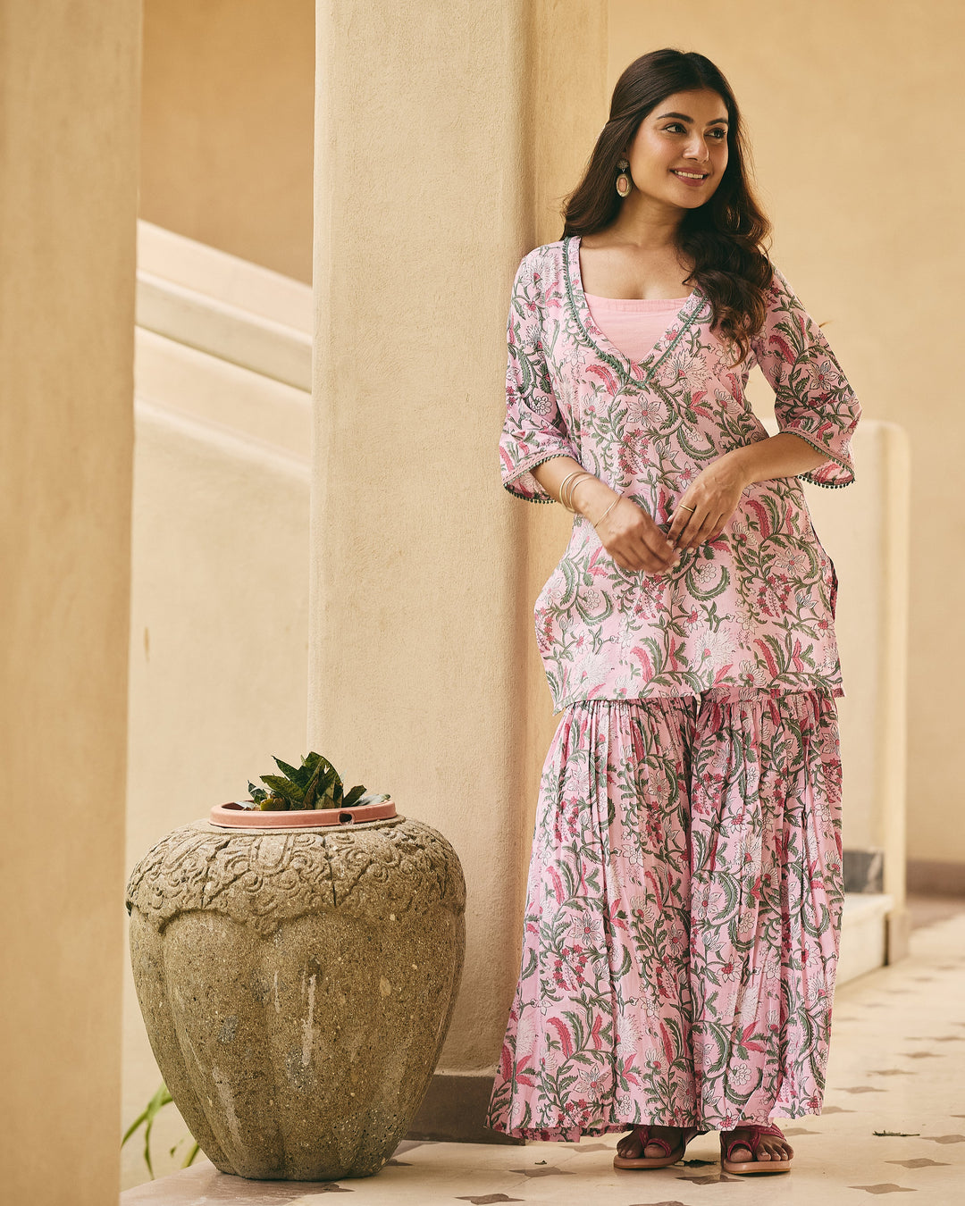 Ander Pink Cotton Printed Kurta Sharara Set