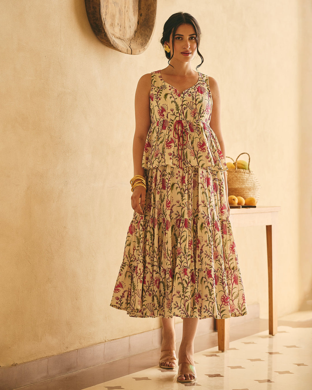 Ramya Beige Cotton Printed Dress
