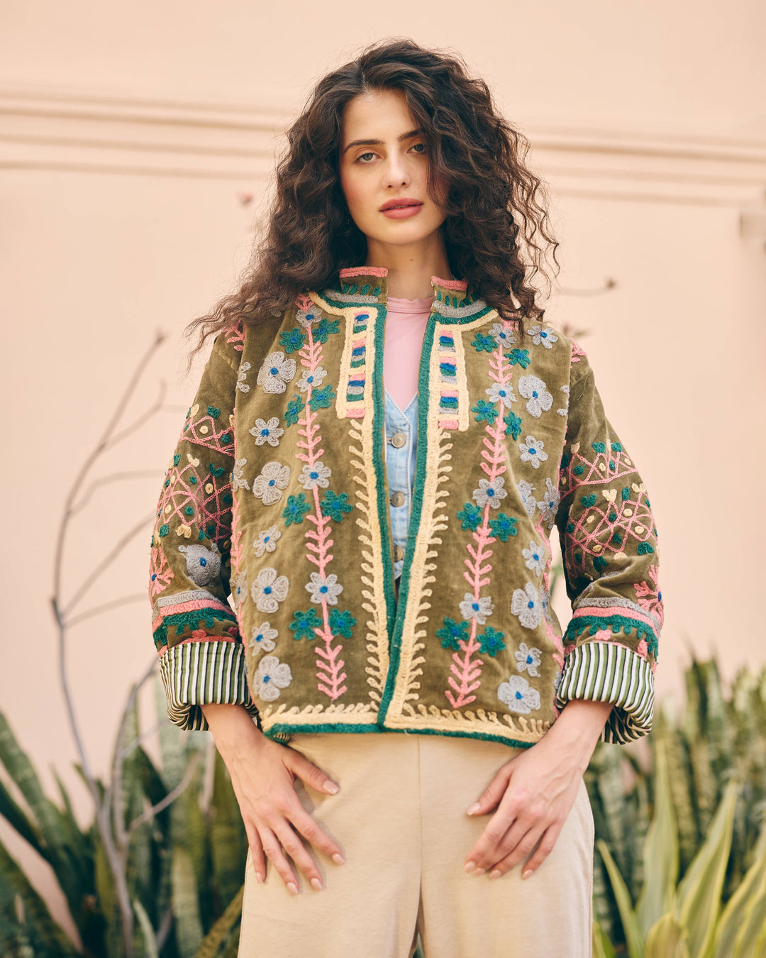 Verdora Olive Velvet Suzani Jacket