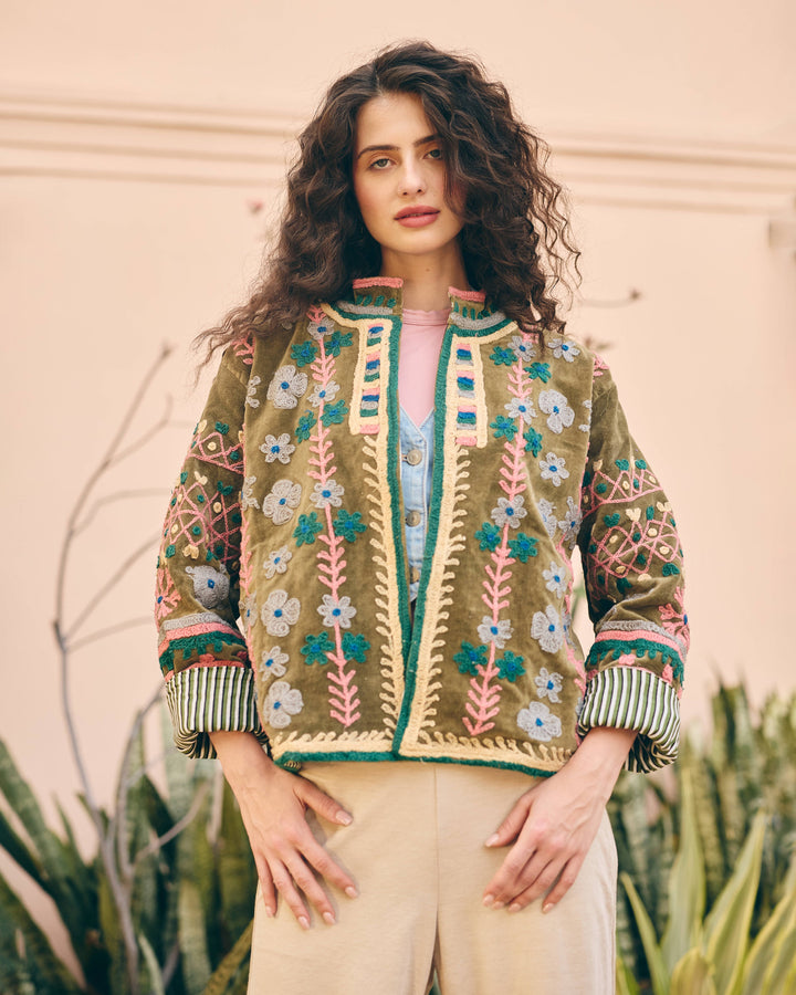 Verdora Olive Velvet Suzani Jacket