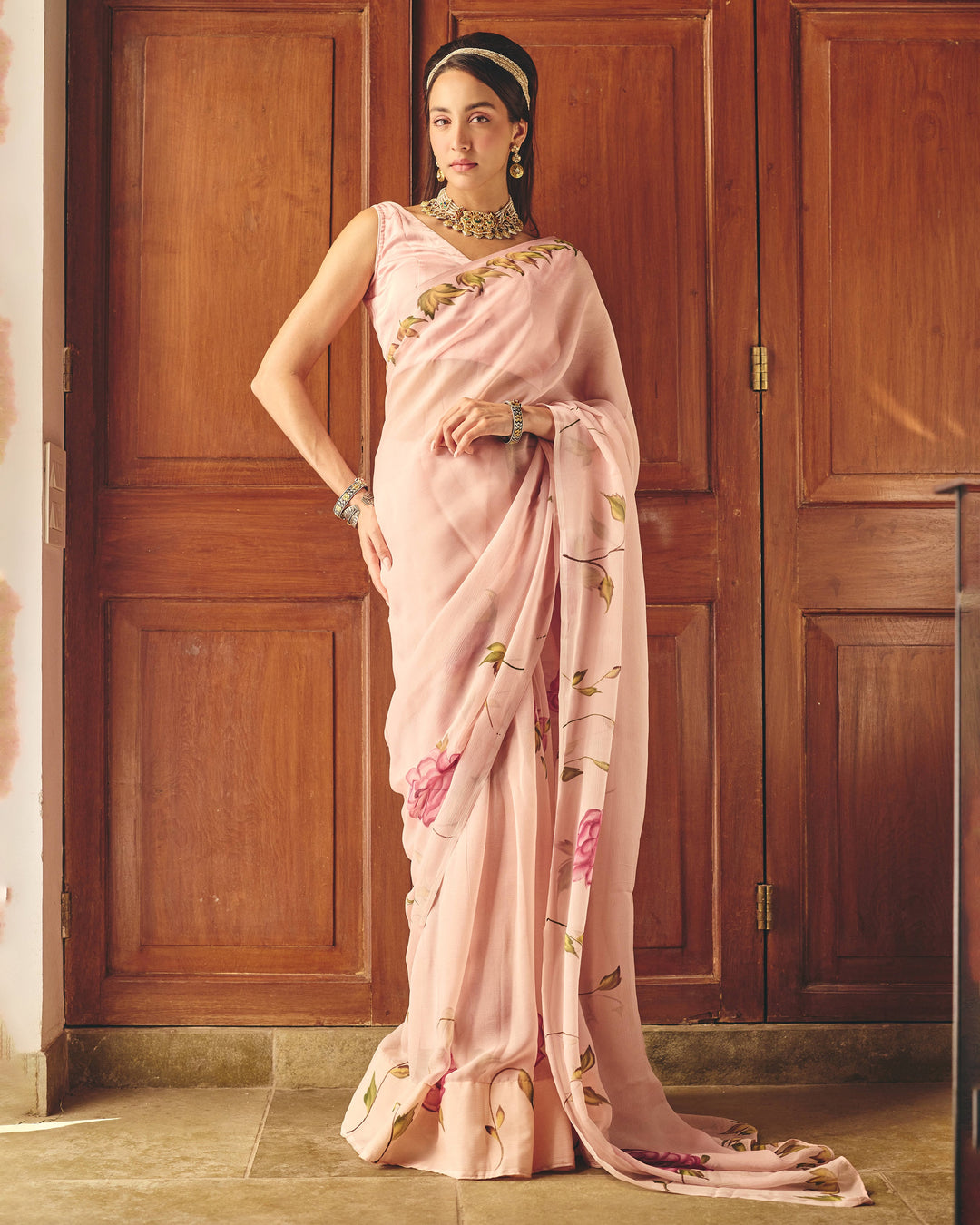 Chitra Rose Pink Handpainted Chiffon Saree