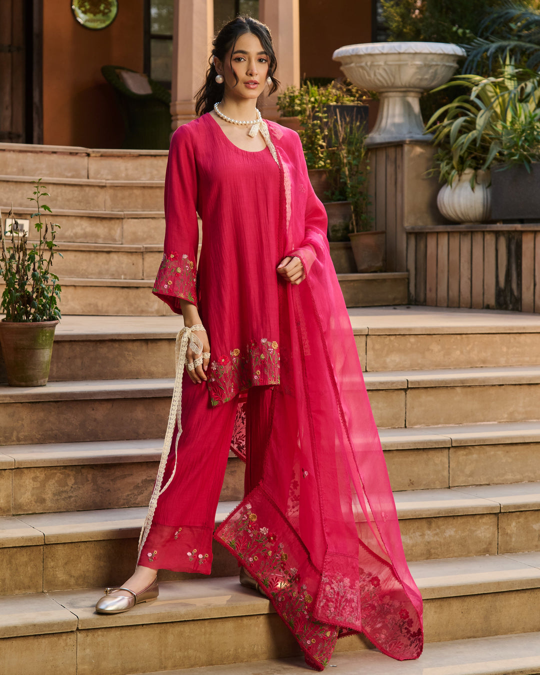Taru Pink Embroidered Chanderi Suit Set