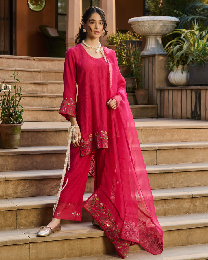 Taru Pink Embroidered Chanderi Suit Set