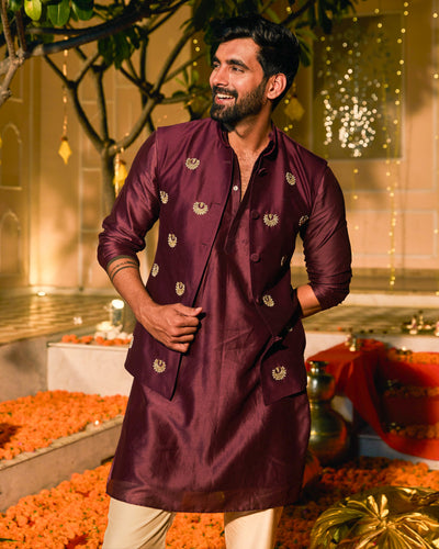 Parakram Plum Embroidered Chanderi Jacket And Kurta Set