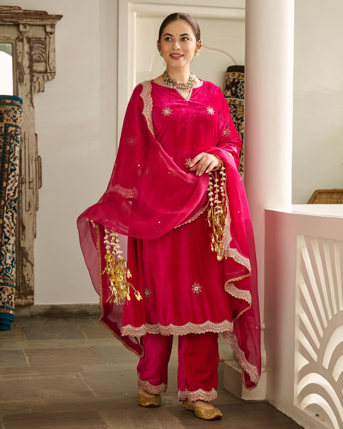 Siddhi Pink Embroidered Velvet Suit Set
