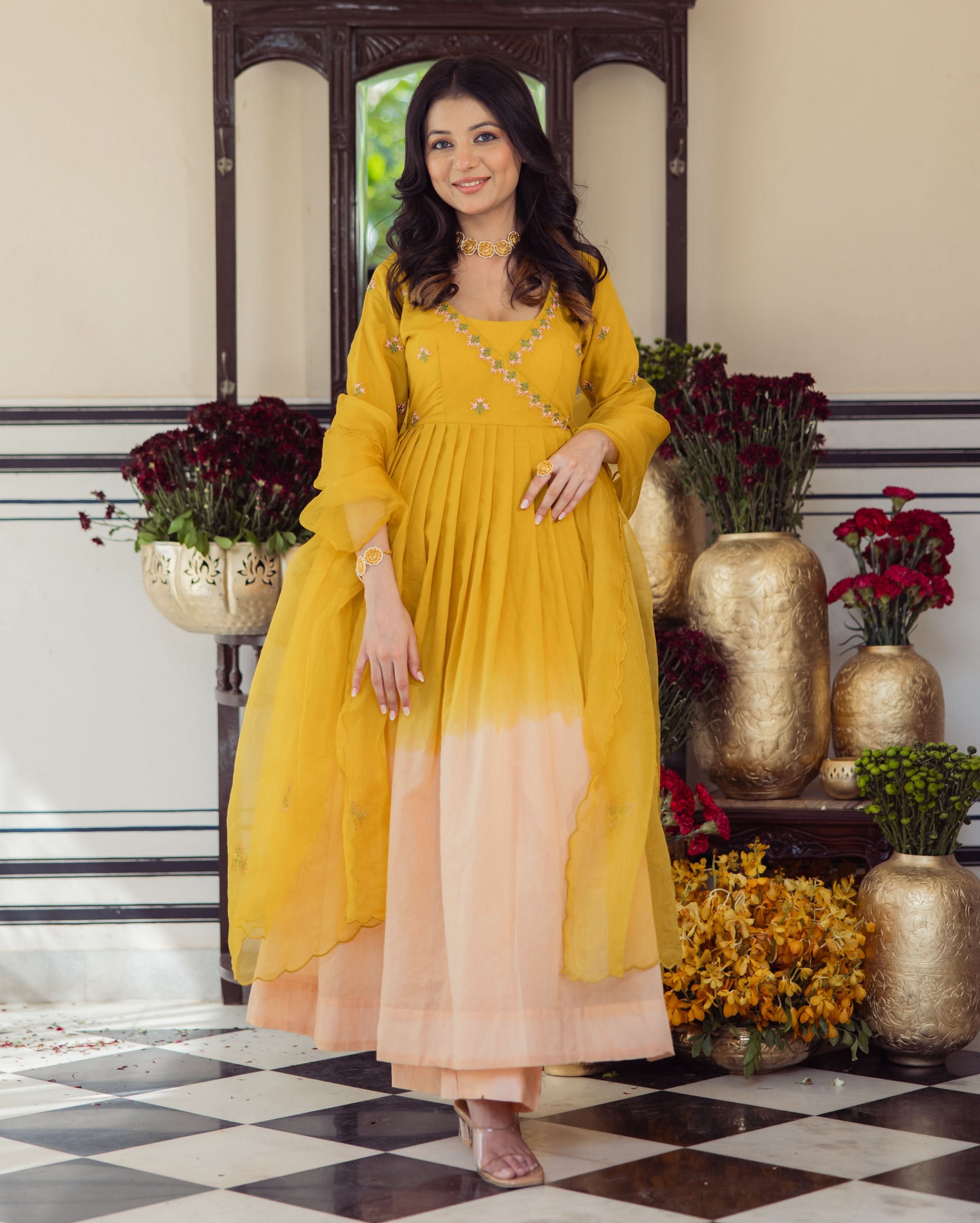 Mustard chanderi anti fit dress